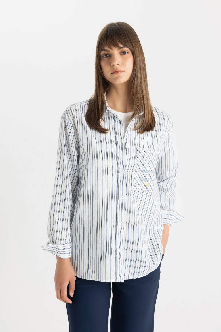 Relax Fit Long Sleeve Flared Cotton Striped Tunic