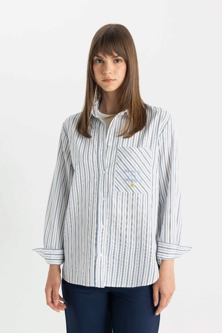 Relax Fit Long Sleeve Flared Cotton Striped Tunic