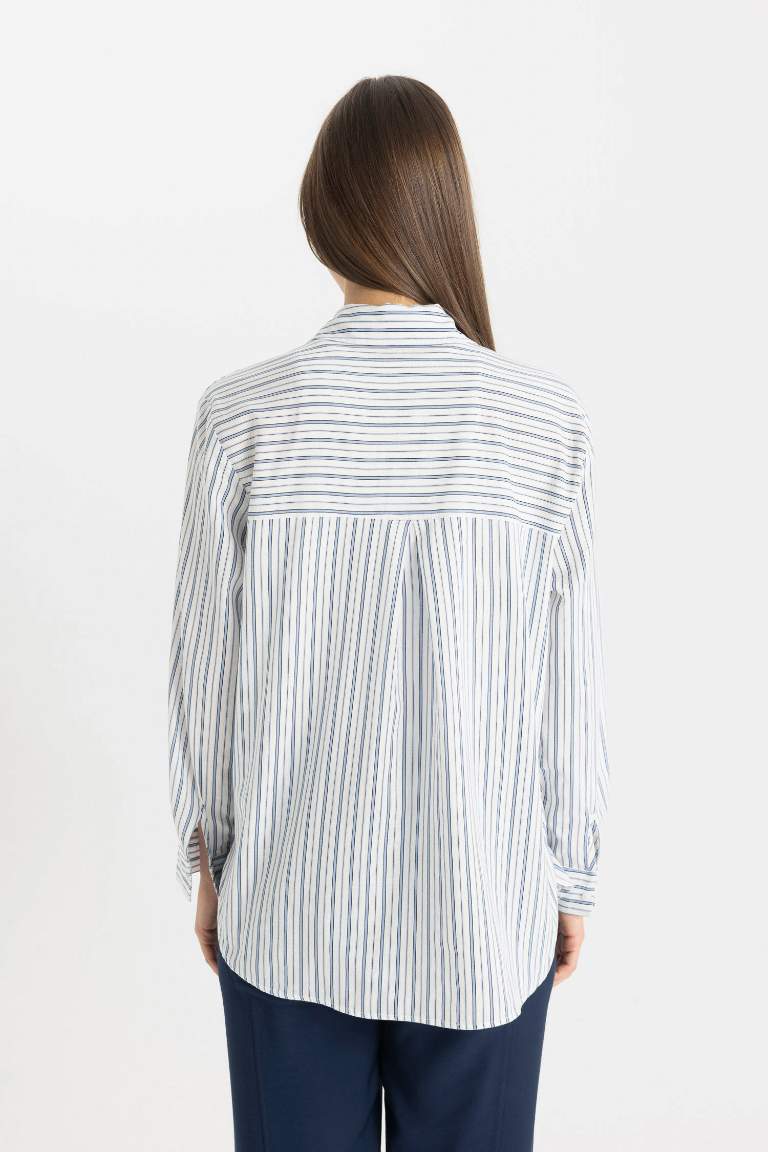 Relax Fit Long Sleeve Flared Cotton Striped Tunic