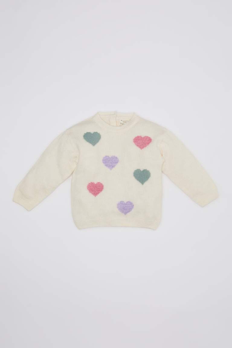 Baby Girl Crew Neck Heart Patterned Knitted Pullover