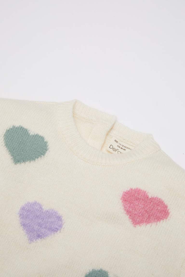 Baby Girl Crew Neck Heart Patterned Knitted Pullover