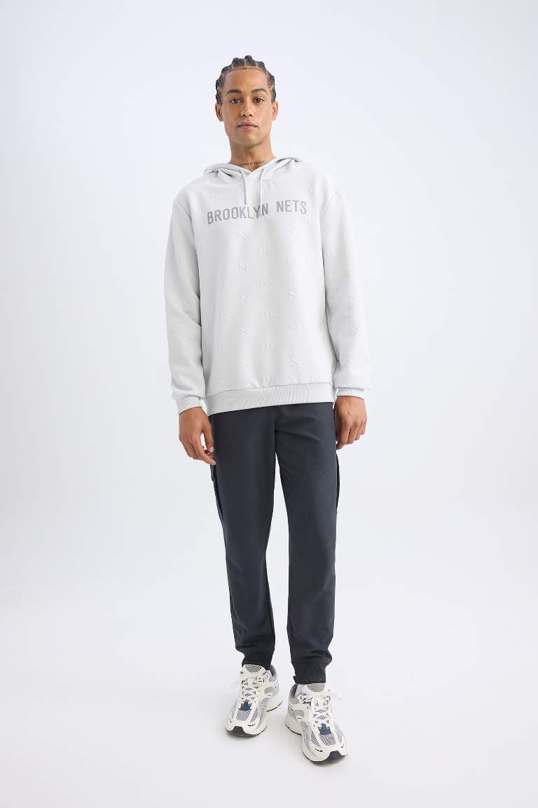 DeFactoFit NBA Brooklyn Nets Standart Fit Kapüşonlu Baskılı Jakarlı Sweatshirt