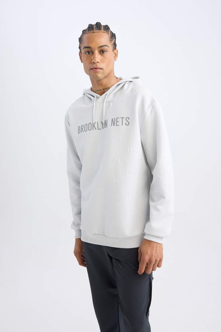 DeFactoFit NBA Brooklyn Nets Standart Fit Kapüşonlu Baskılı Jakarlı Sweatshirt
