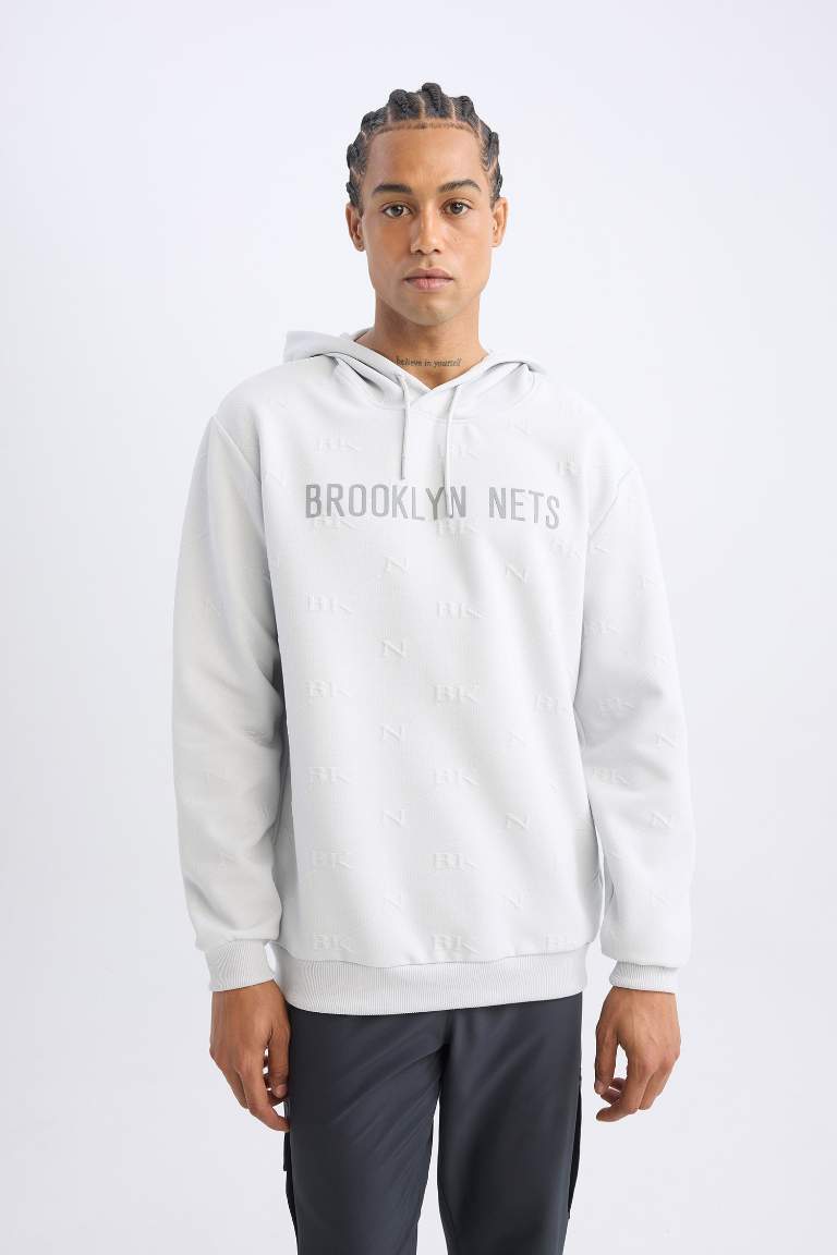 DeFactoFit NBA Brooklyn Nets Standart Fit Kapüşonlu Baskılı Jakarlı Sweatshirt