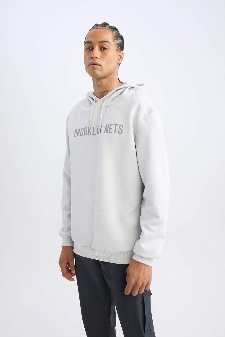 DeFactoFit NBA Brooklyn Nets Standart Fit Kapüşonlu Baskılı Jakarlı Sweatshirt