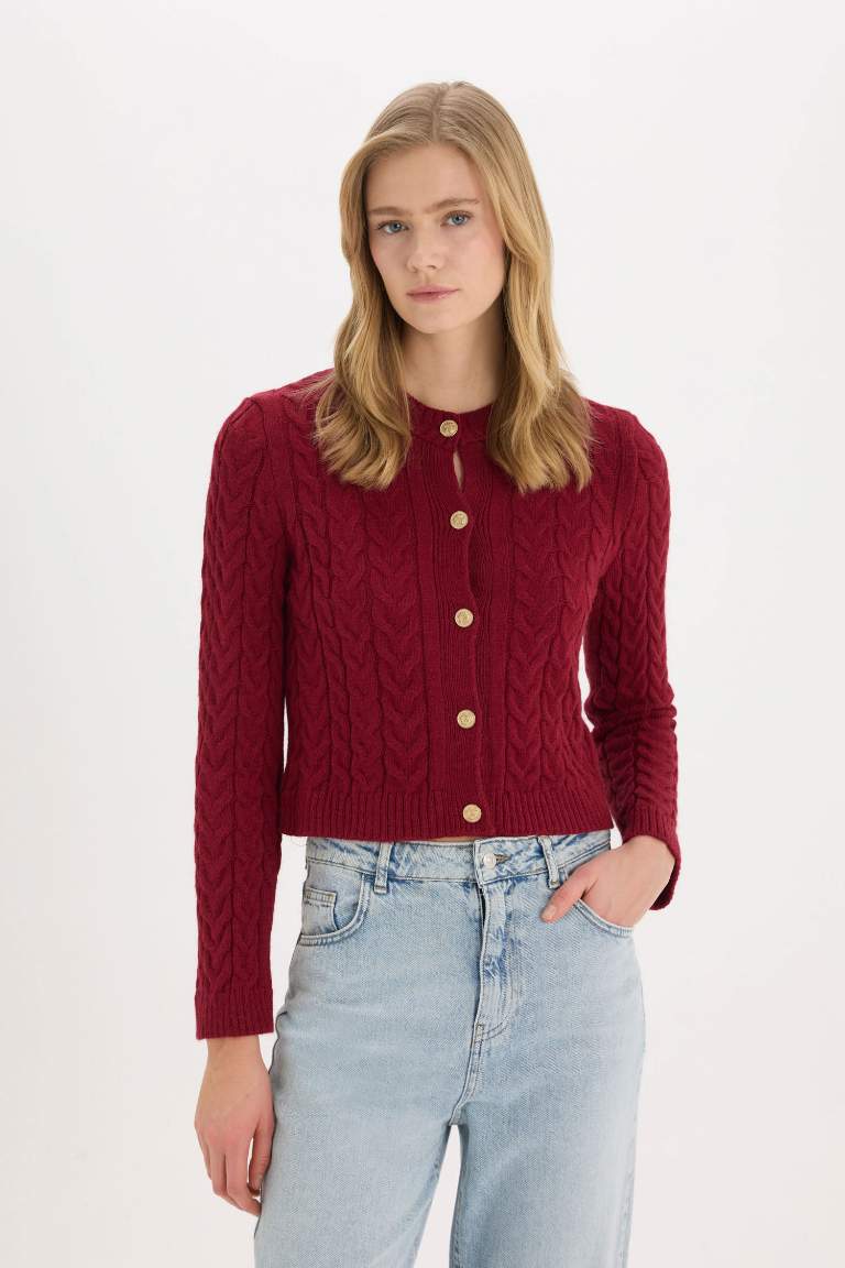 Cardigan tricot basique à col rond et coupe régulière