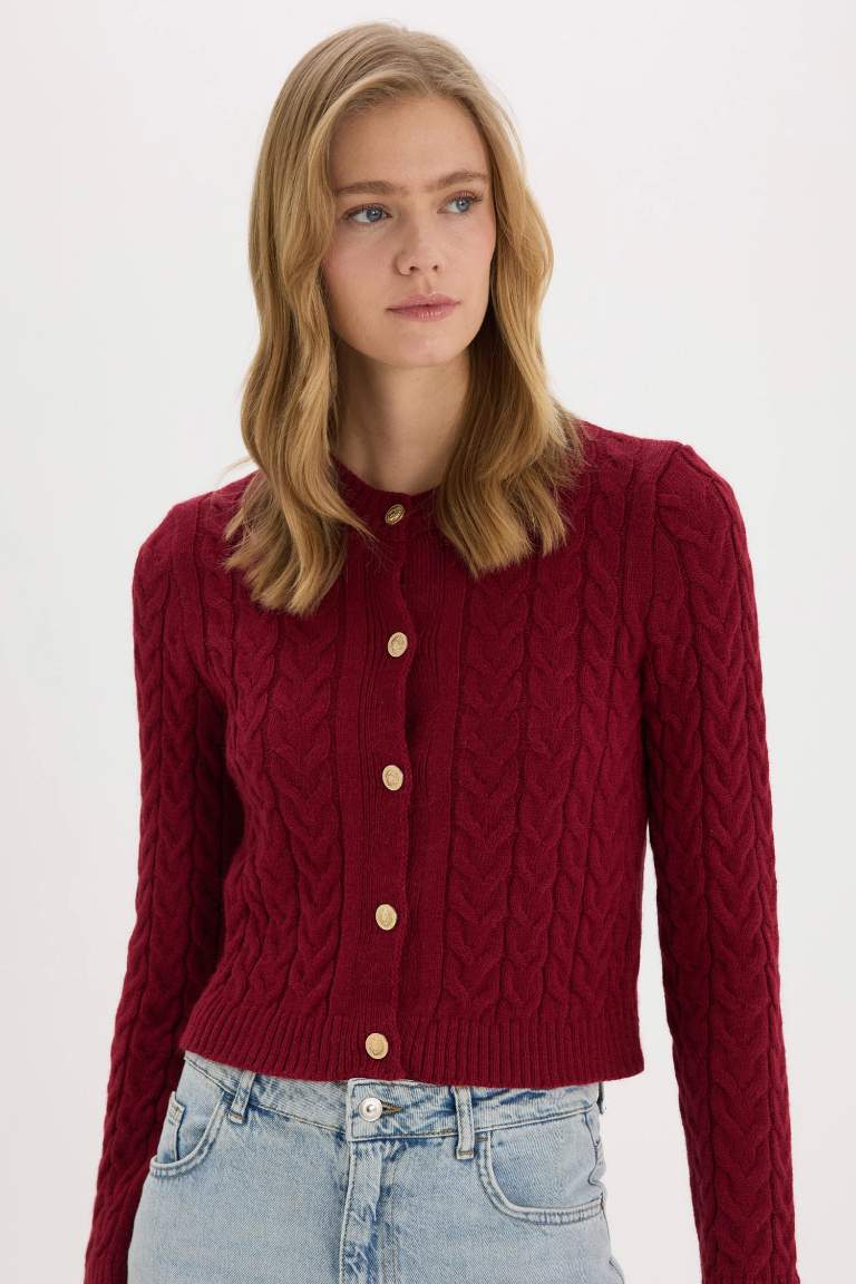 Cardigan tricot basique à col rond et coupe régulière