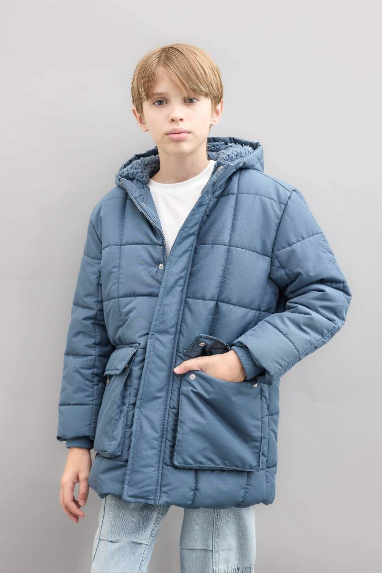 Boy Waterproof Hooded Zippered Pocketed Plush Lined Puffer Jacket