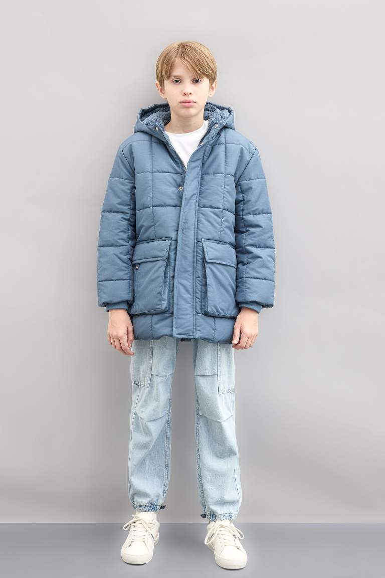 Boy Waterproof Hooded Zippered Pocketed Plush Lined Puffer Jacket