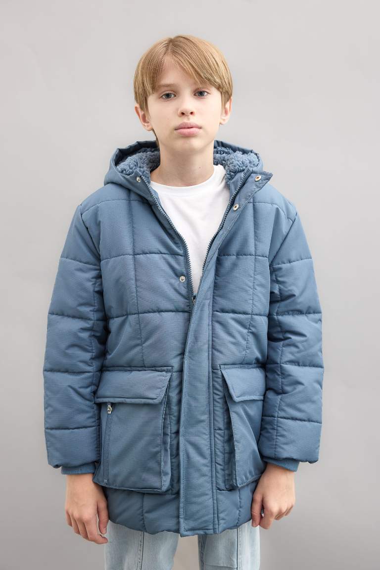 Boy Waterproof Hooded Zippered Pocketed Plush Lined Puffer Jacket