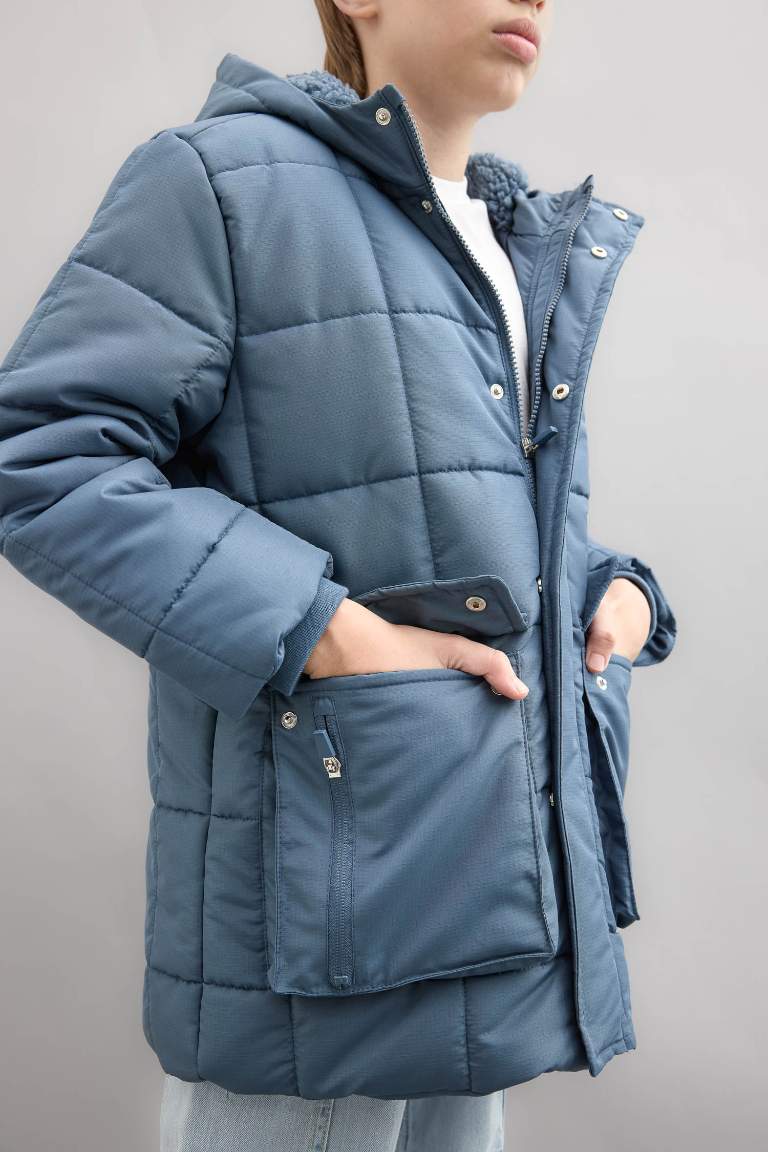 Manteau à capuche imperméable avec doublure en peluche et poches zippées pour garçon