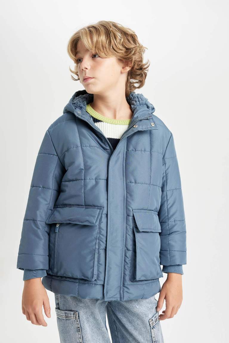 Boy Waterproof Hooded Zippered Pocketed Plush Lined Puffer Jacket