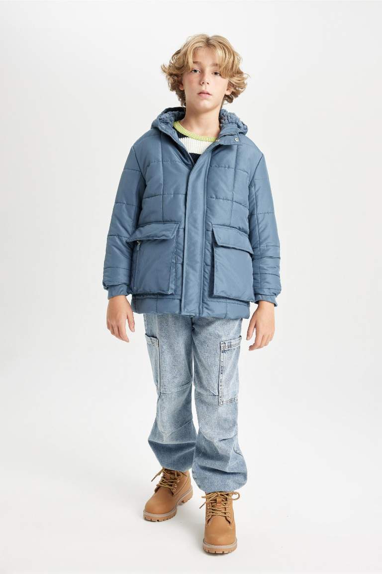 Boy Waterproof Hooded Zippered Pocketed Plush Lined Puffer Jacket