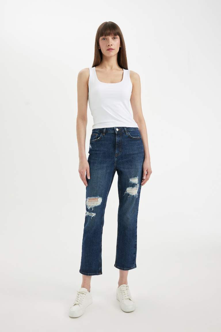 Pantalon Jean coupe régulière Taille Haute avec Détails Déchirés Vintage Mary pour Femme