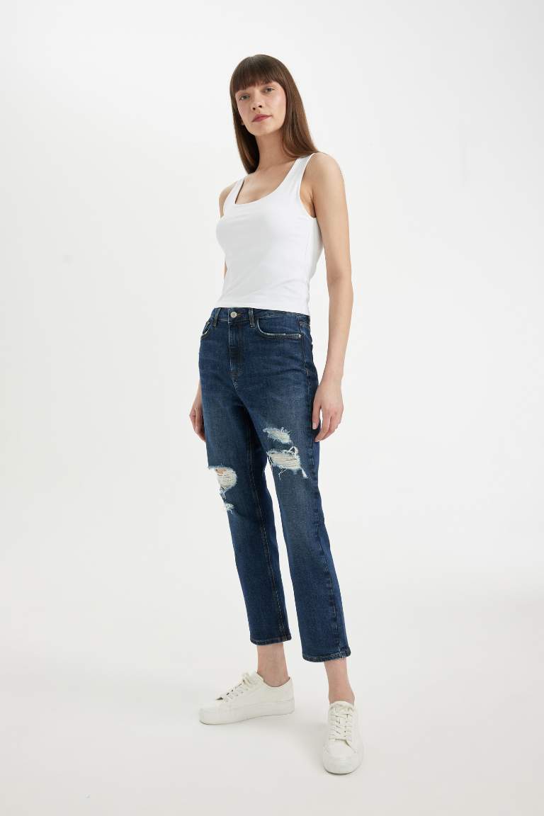 Pantalon Jean coupe régulière Taille Haute avec Détails Déchirés Vintage Mary pour Femme