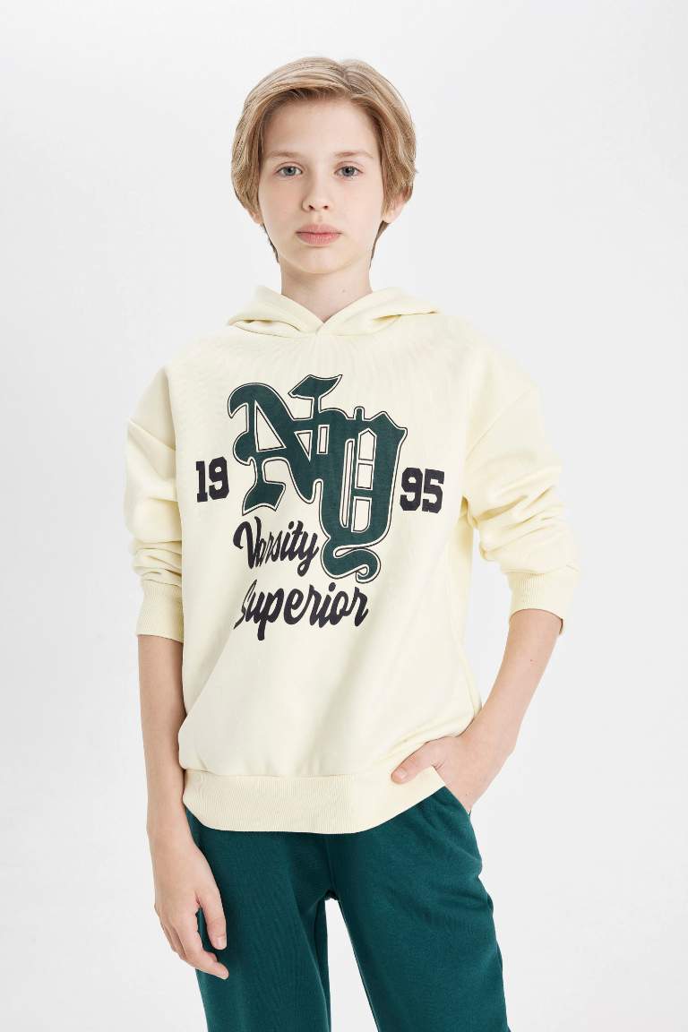 Boy Oversize Fit Hooded Printed Thick Sweatshirt