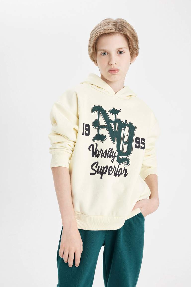 Boy Oversize Fit Hooded Printed Thick Sweatshirt