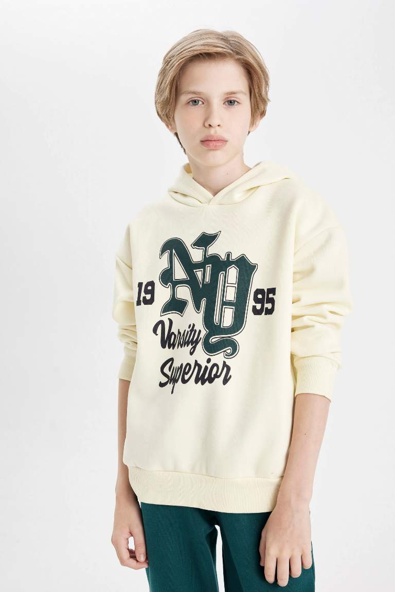 Boy Oversize Fit Hooded Printed Thick Sweatshirt