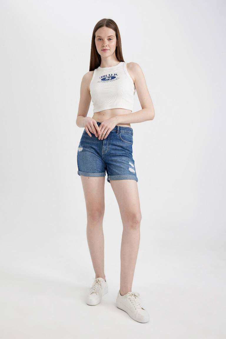 Fitted Printed Crew Neck Ribbed Camisole Crop Top