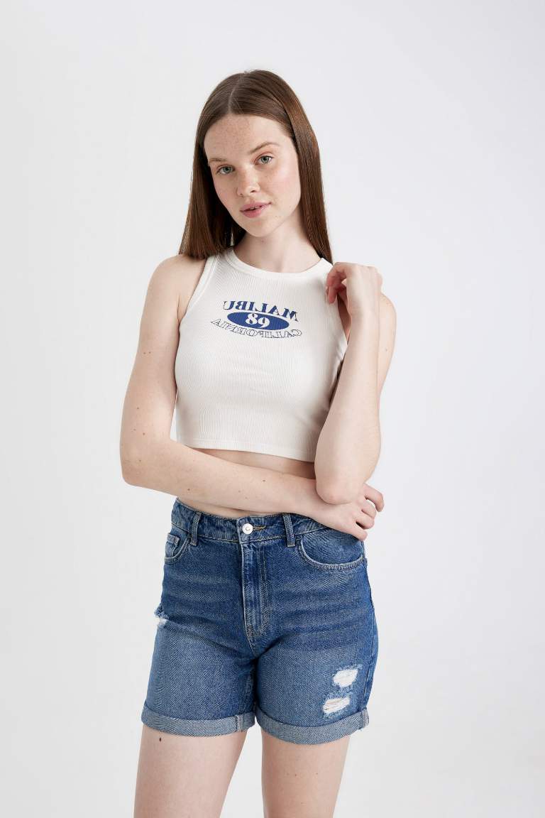 Fitted Printed Crew Neck Ribbed Camisole Crop Top