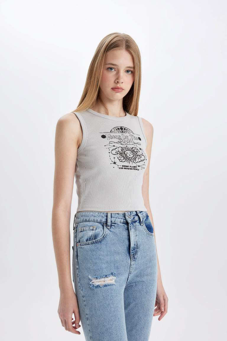 Fitted Printed Crew Neck Ribbed Camisole Crop Top