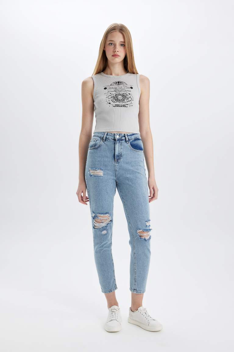 Fitted Printed Crew Neck Ribbed Camisole Crop Top