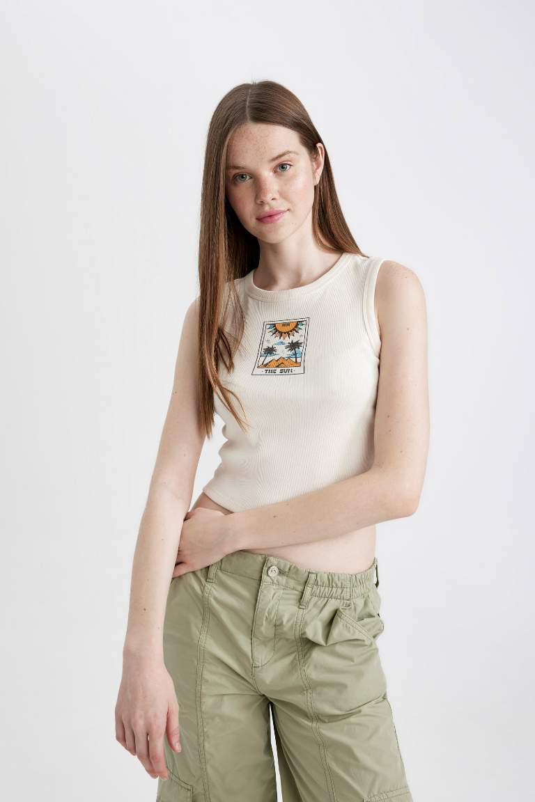 Fitted Printed Crew Neck Ribbed Camisole Crop Top