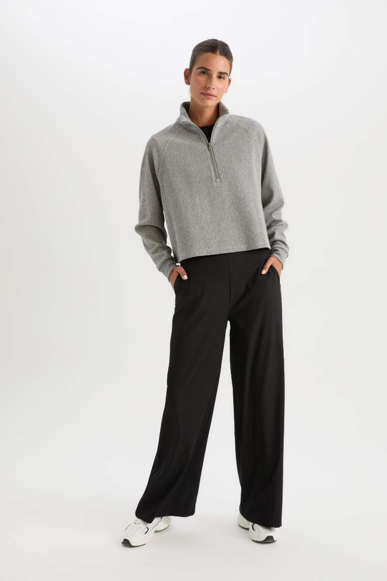 DeFactoFit Wide Leg Geniş Paça Beli Fermuarlı Cepli Sporcu Premium Dokuma Pantolon