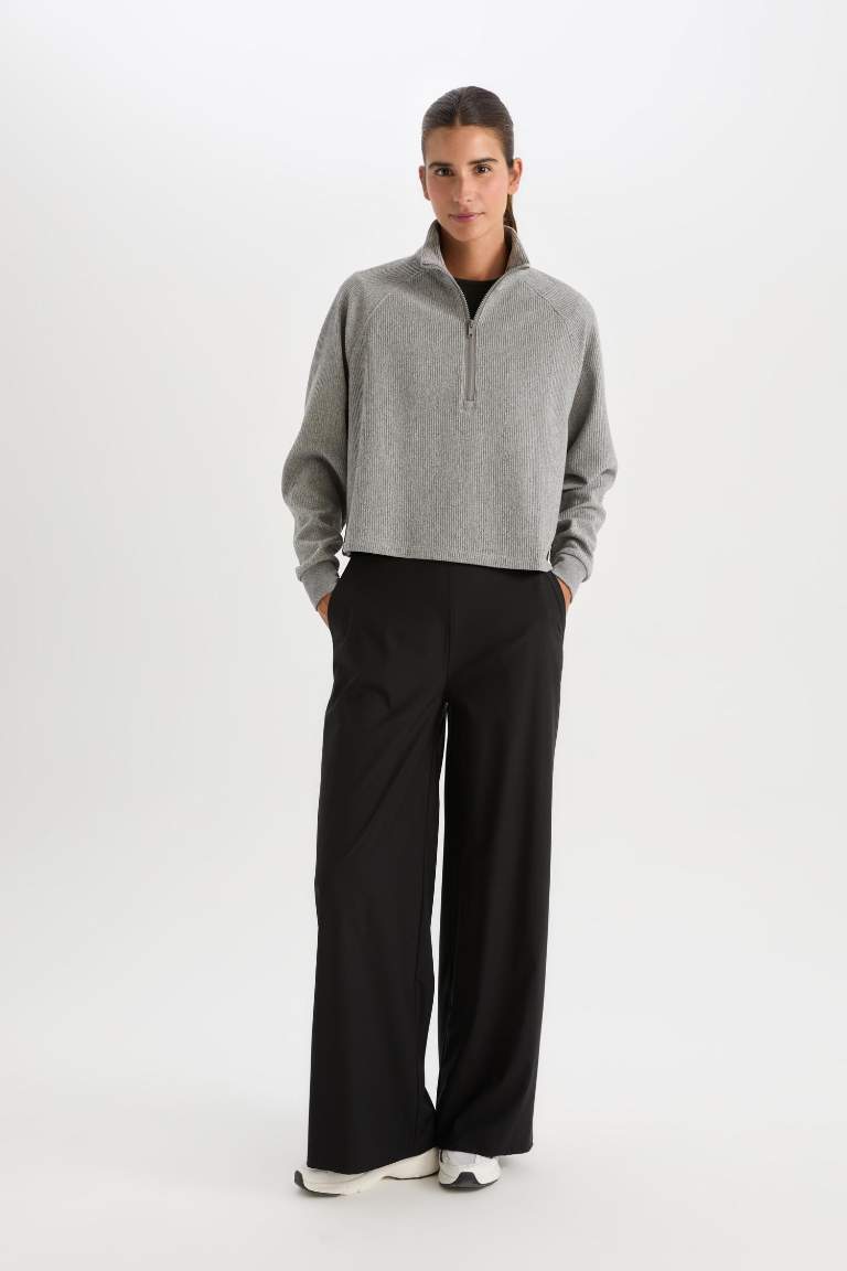 DeFactoFit Wide Leg Geniş Paça Beli Fermuarlı Cepli Sporcu Premium Dokuma Pantolon