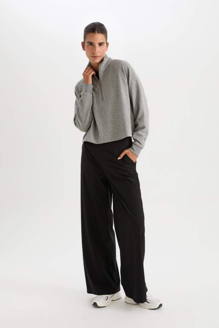 DeFactoFit Wide Leg Geniş Paça Beli Fermuarlı Cepli Sporcu Premium Dokuma Pantolon