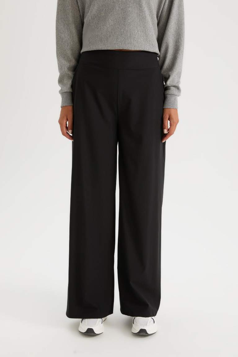 DeFactoFit Wide Leg Geniş Paça Beli Fermuarlı Cepli Sporcu Premium Dokuma Pantolon