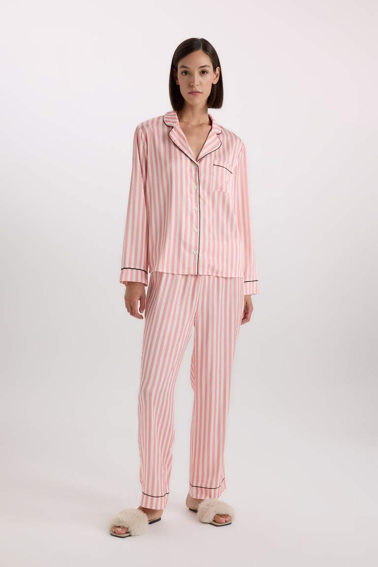 Fall in Love Striped Satin Top Bottom 2 Piece Pajama Set