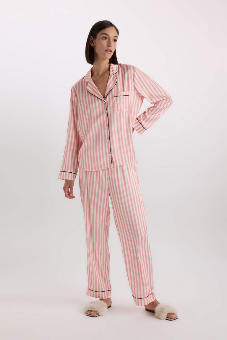 Fall in Love Striped Satin Top Bottom 2 Piece Pajama Set