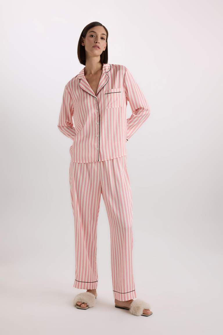 Fall in Love Striped Satin Top Bottom 2 Piece Pajama Set