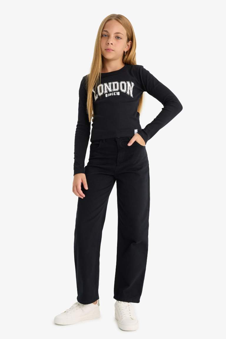 Kız Çocuk Straight Fit Geniş Bol Paça Cepli Pamuklu Okul Pantolonu