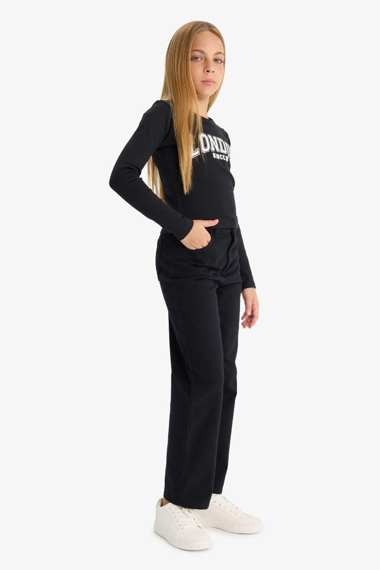 Kız Çocuk Straight Fit Geniş Bol Paça Cepli Pamuklu Okul Pantolonu