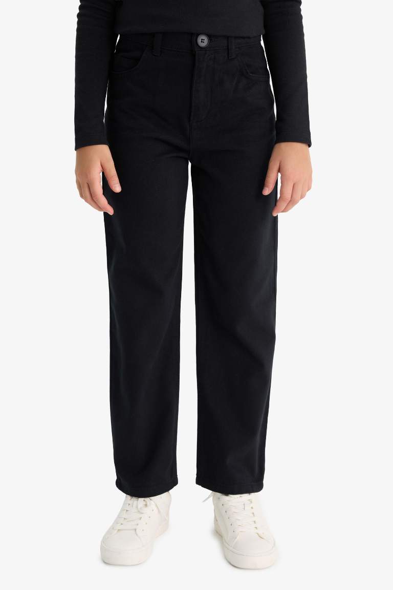 Kız Çocuk Straight Fit Geniş Bol Paça Cepli Pamuklu Okul Pantolonu