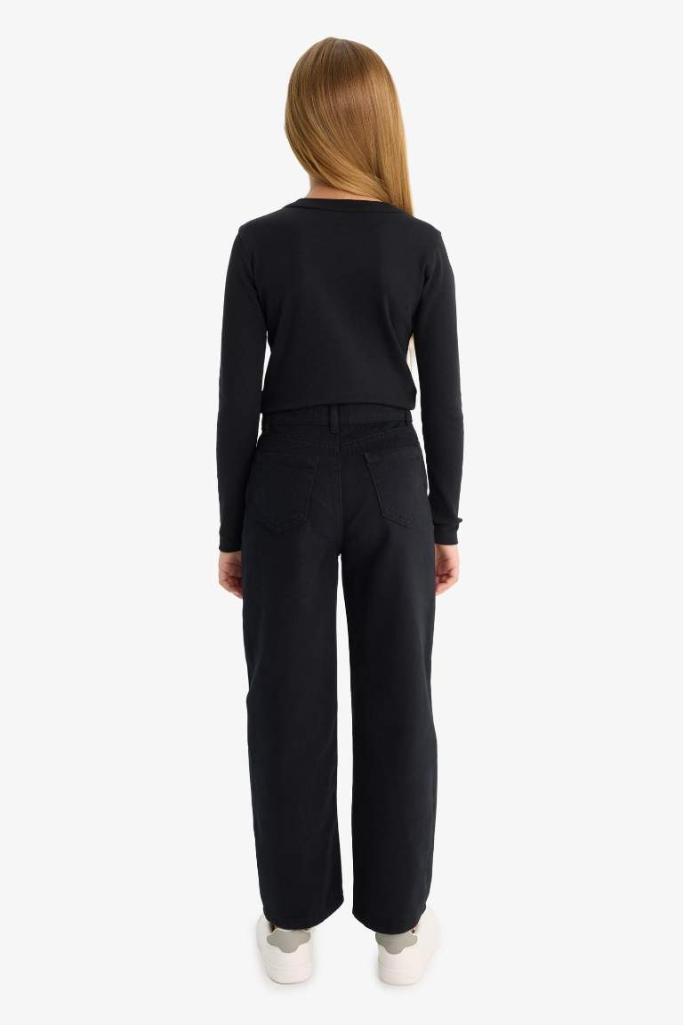 Kız Çocuk Straight Fit Geniş Bol Paça Cepli Pamuklu Okul Pantolonu
