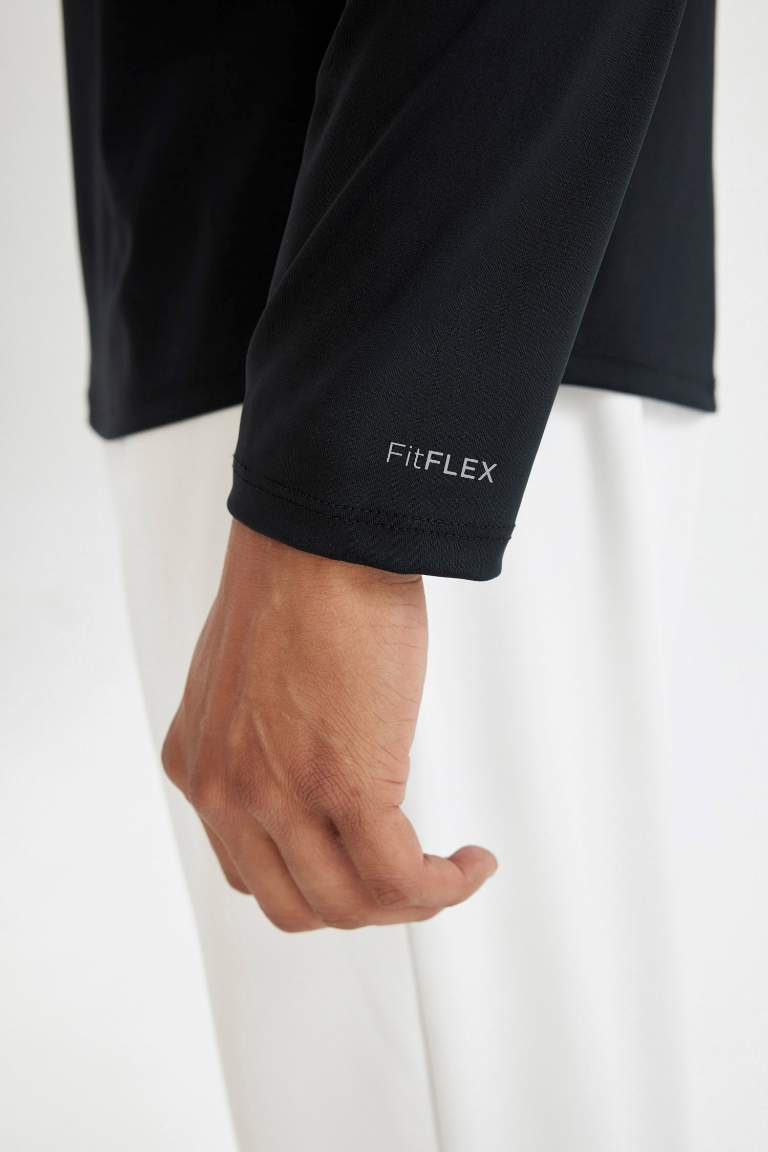 DeFactoFit Slim Fit Dar Kesim Dik Yaka Baskılı Uzun Kollu Sporcu Tişört