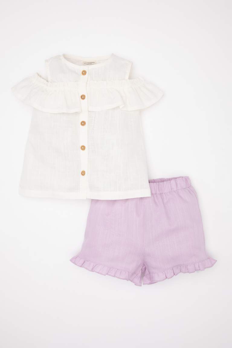 Baby Girl Flared Poplin Sleeveless Ruffle Blouse Shorts 2 Piece Set