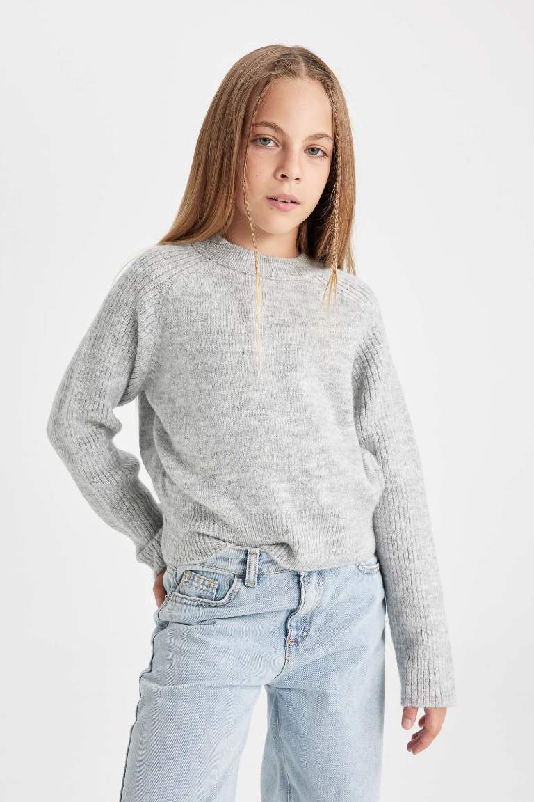 Pull Gris à Coupe standard et col rond pour Fille