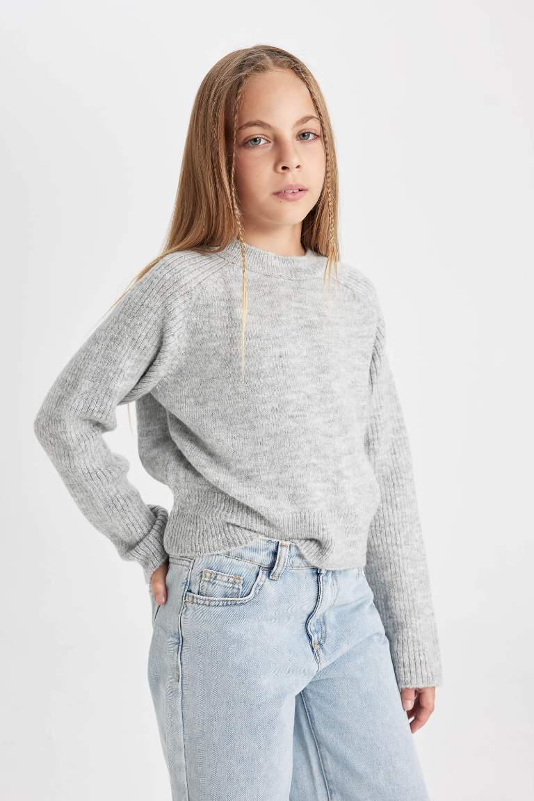 Pull Gris à Coupe standard et col rond pour Fille