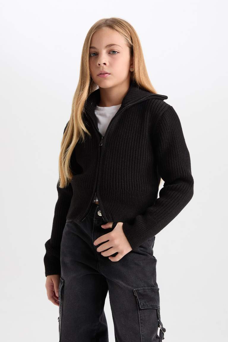 Girl Basic Standing Collar Zippered Black Knitwear Cardigan