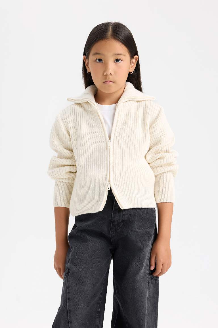 Girl Basic Standing Collar Zippered Knitwear Cardigan