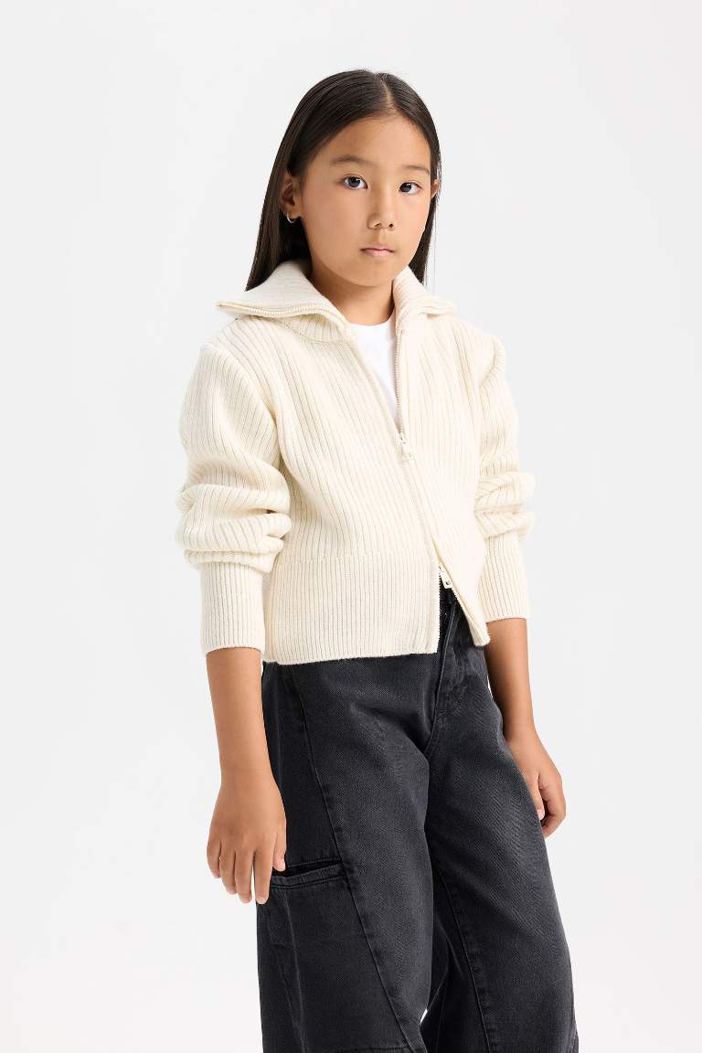 Girl Basic Standing Collar Zippered Knitwear Cardigan