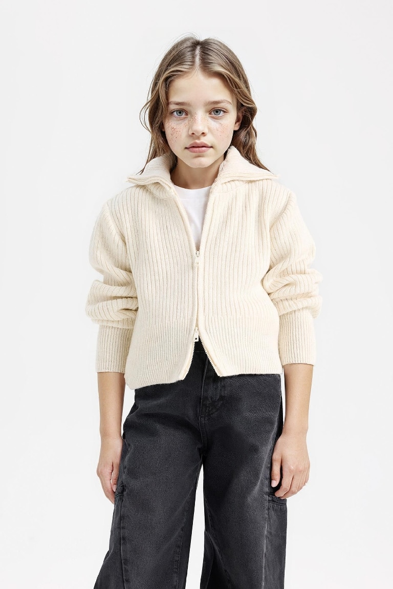 Kız Çocuk  Basic Düz Dik Yaka Fermuarlı Triko Hırka