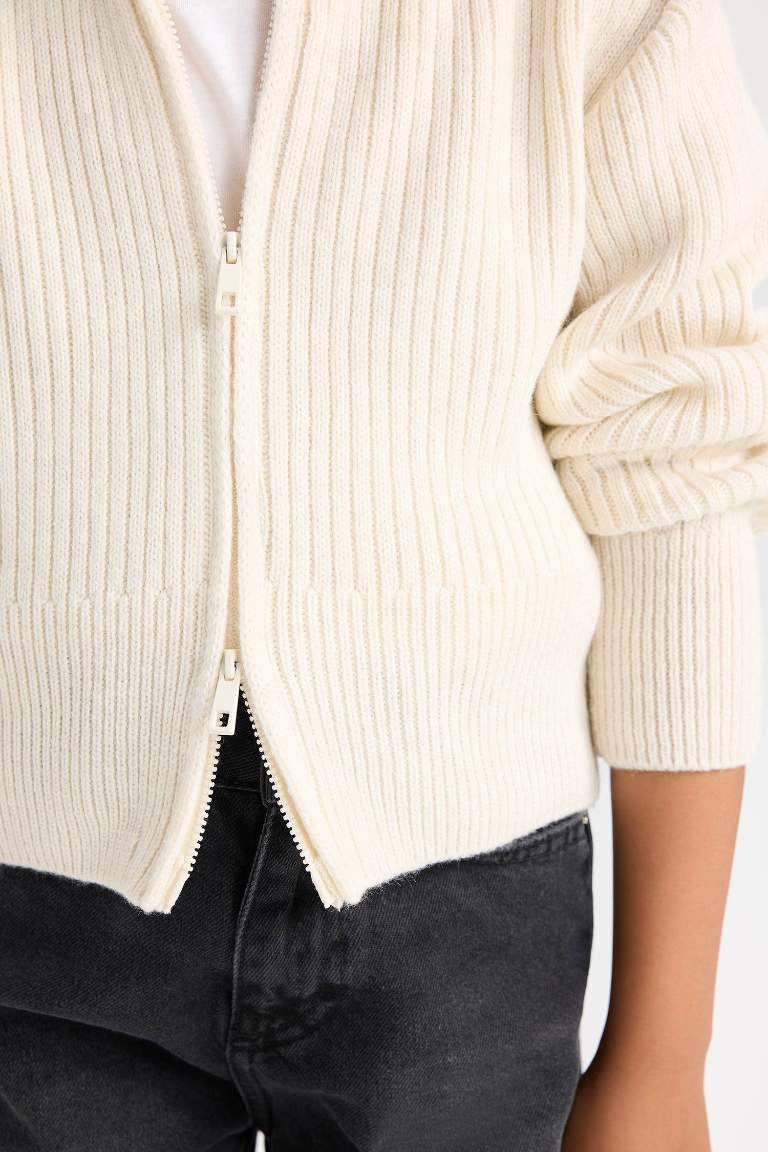 Girl Basic Standing Collar Zippered Knitwear Cardigan