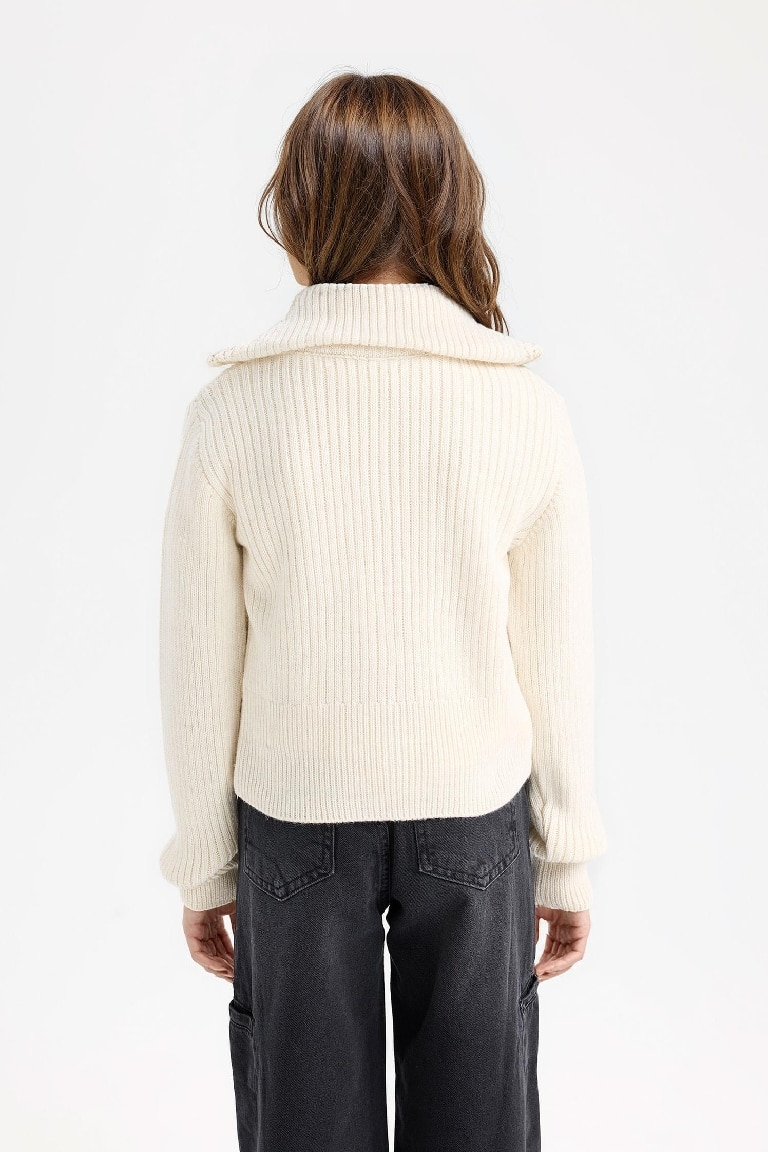 Kız Çocuk  Basic Düz Dik Yaka Fermuarlı Triko Hırka