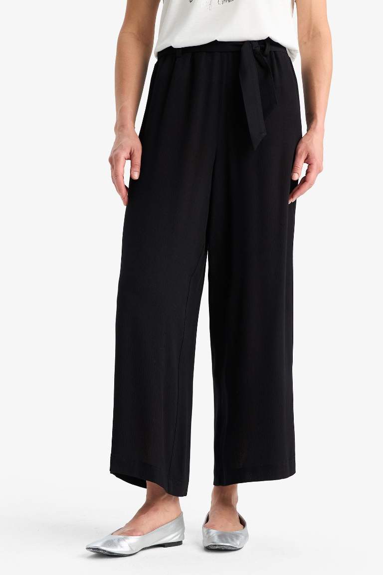 Culotte Esnek Belli Geniş Paça Kuşaklı Krinkıl Viskon Kapri Pantolon