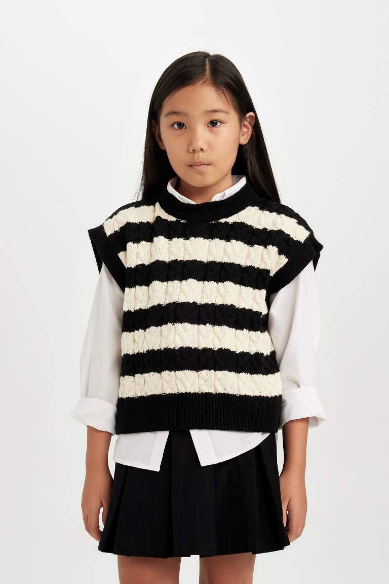 Girl Striped Crew Neck Knit Patterned Pullover